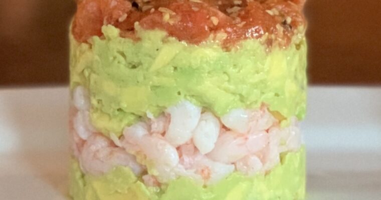 Shrimp, Avacado and sushi rice tower